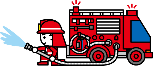 消防車から放水する消防士のイラスト