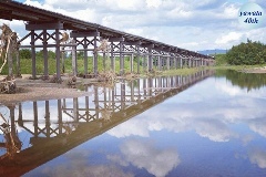 川面にも映る流れ橋と白い雲が浮かぶ青空　画像