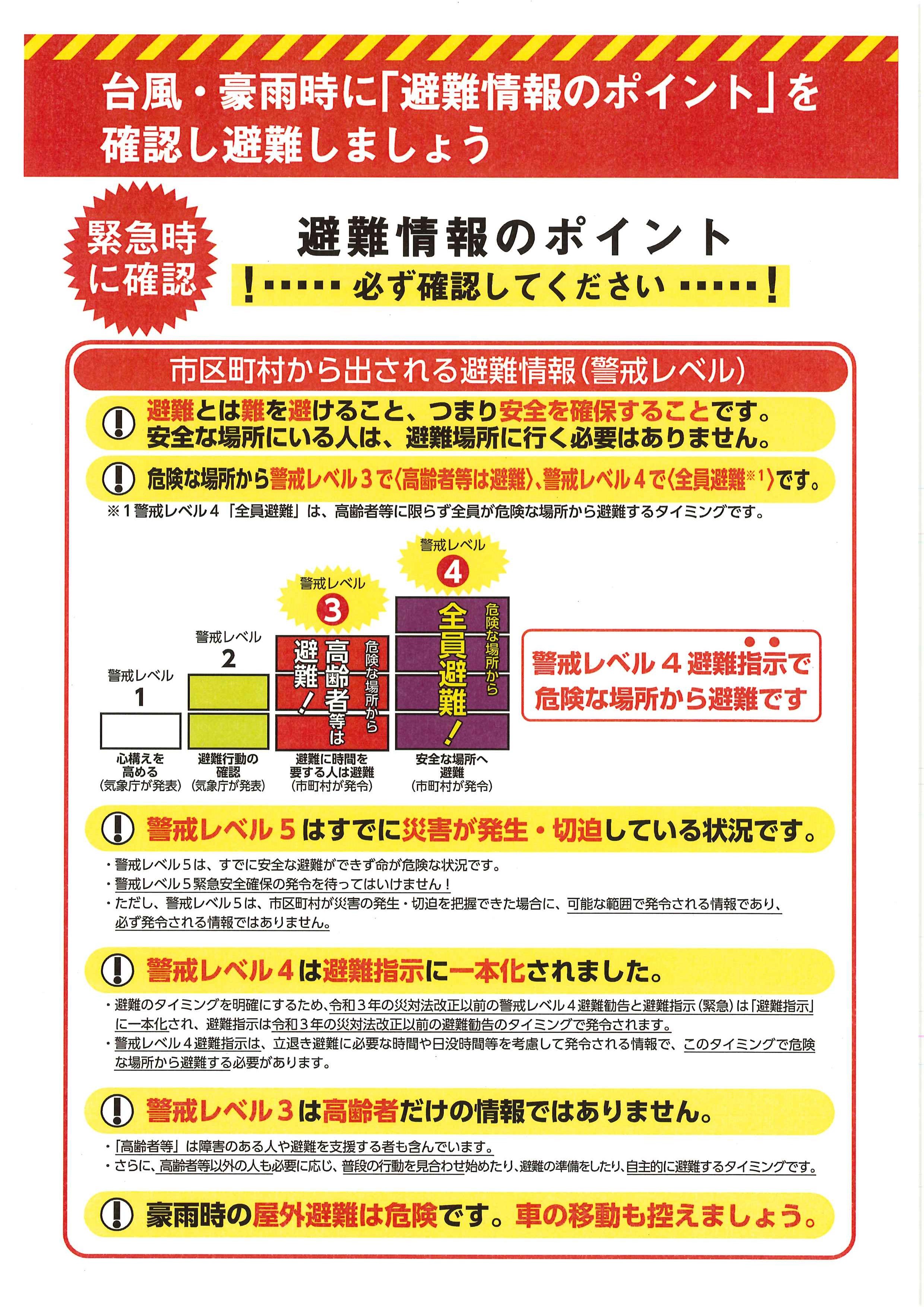 台風・豪雨時の避難情報のポイントを示したチラシ