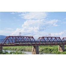 青空の下赤い鉄橋を走る京阪電車