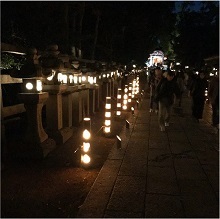 石灯ろうの明かりで照らされた石清水八幡宮参道