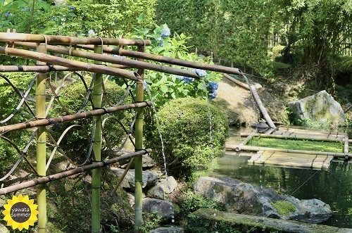 松花堂庭園の池と竹細工の写真