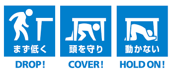 「まず低く、頭を守り、動かない」のピクトグラム
