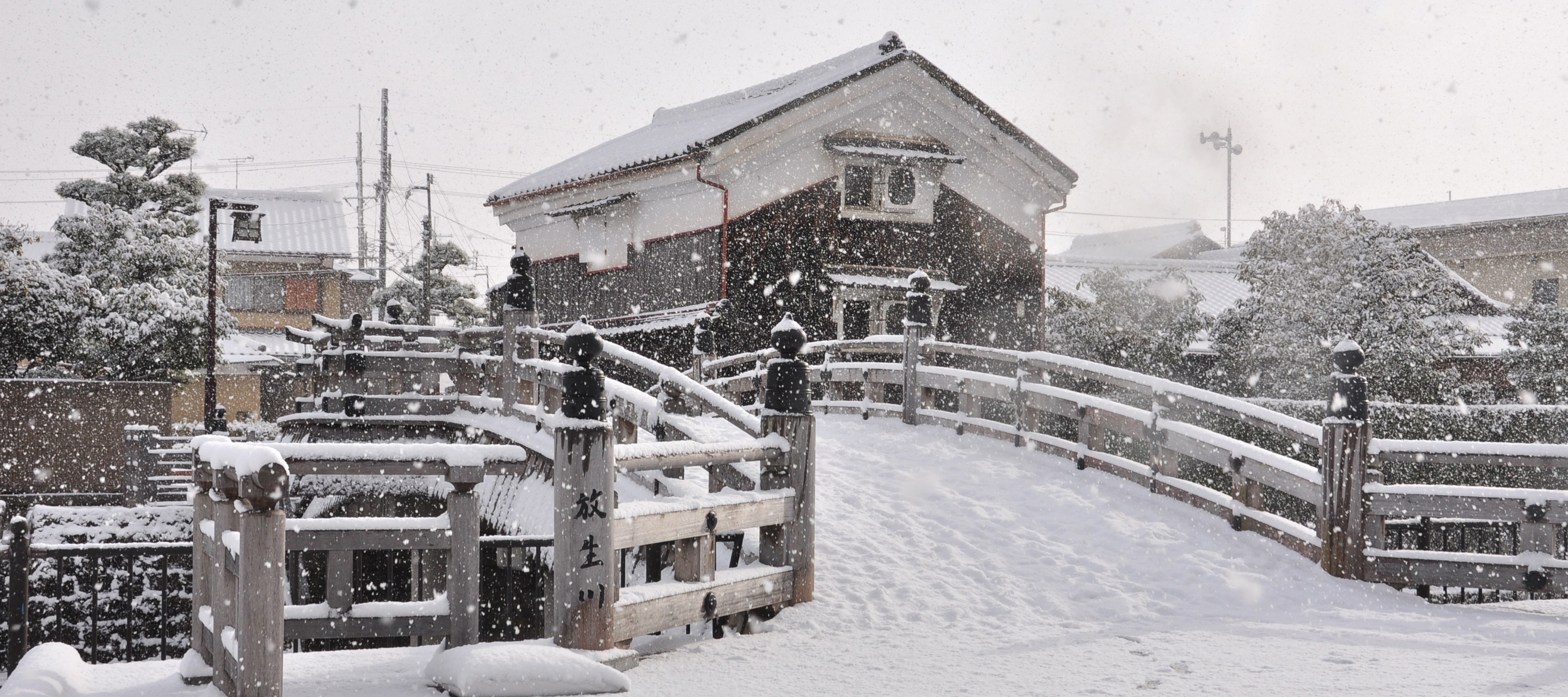 放生川にかかる安居橋の雪景色